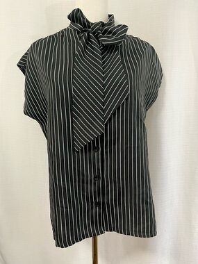 Vintage Judy Bond Pinstripe Tie Neck Blouse • Large/14